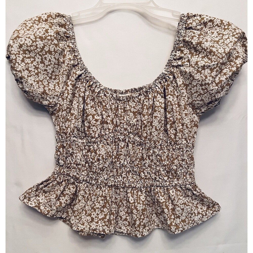Sim & Sam Brown/White Floral Square Neck Smocked Puff Sleeve Peplum Blouse M
